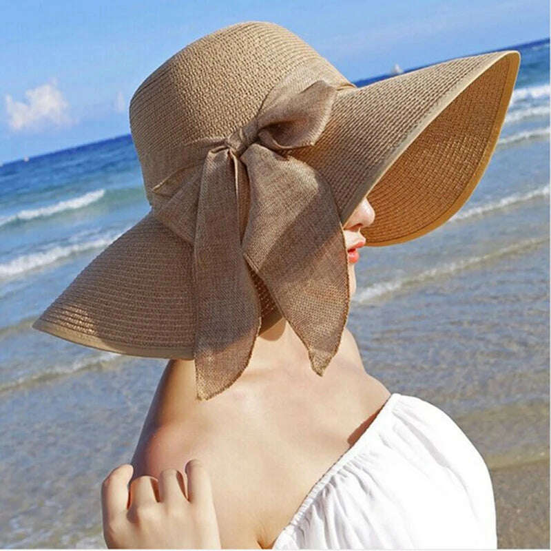 KIMLUD, Summer Women Straw Hat Bowknot Wide Brim Floppy Panama Hats Female Lady Outdoor Foldable Beach Sun Cap, KIMLUD Womens Clothes