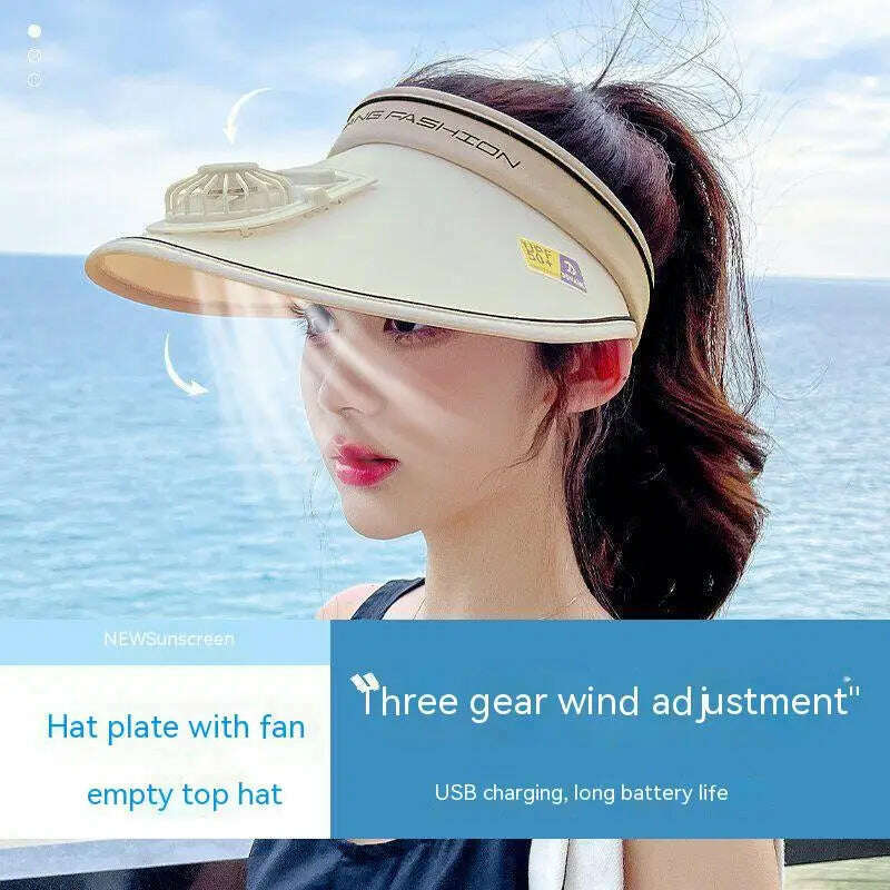 Sun Visor Women Hats with Fan-Three Temp Settings-Large Area Sun Protection Adjustable Elastic Buckle - KIMLUD