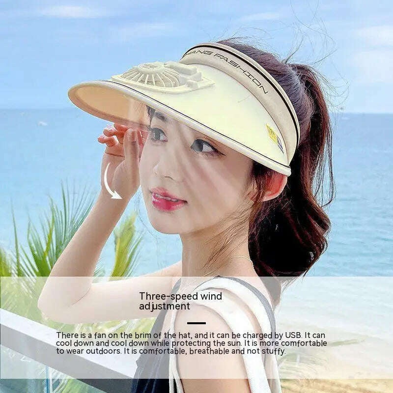 Sun Visor Women Hats with Fan-Three Temp Settings-Large Area Sun Protection Adjustable Elastic Buckle - KIMLUD