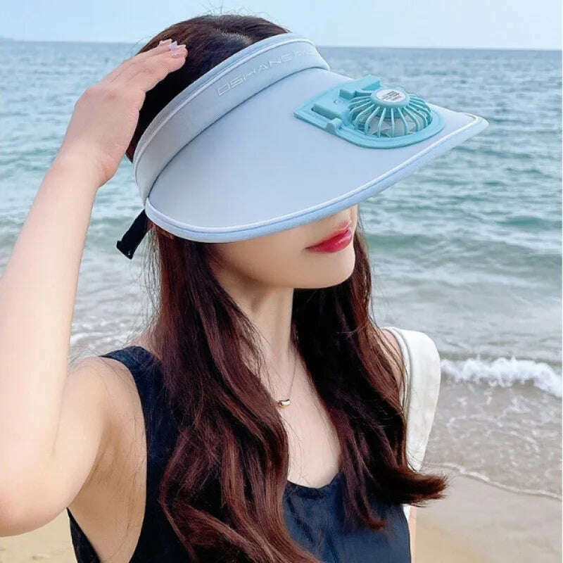 Sun Visor Women Hats with Fan-Three Temp Settings-Large Area Sun Protection Adjustable Elastic Buckle - KIMLUD