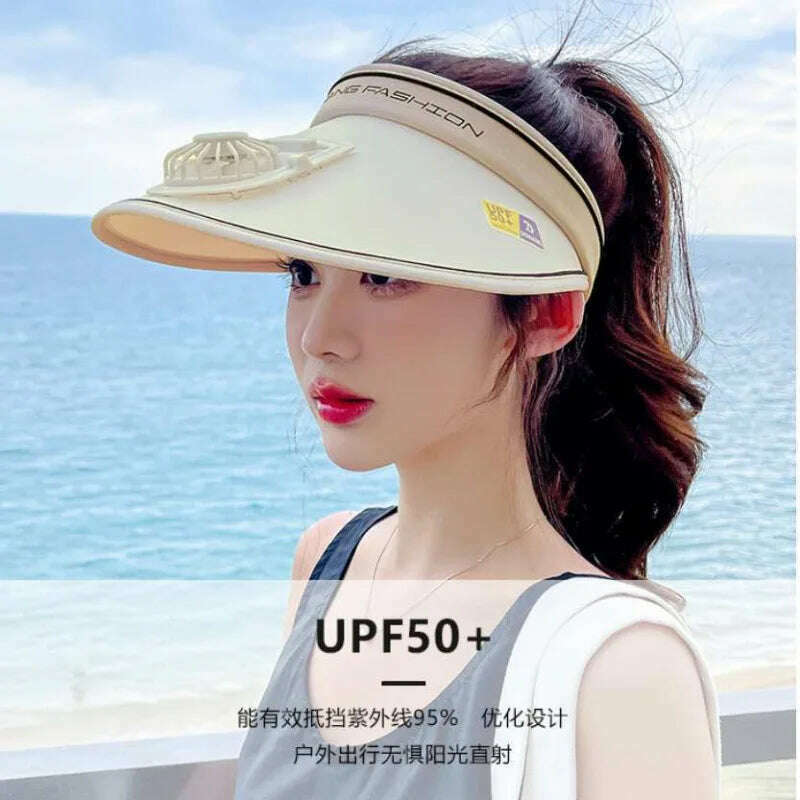 Sun Visor Women Hats with Fan-Three Temp Settings-Large Area Sun Protection Adjustable Elastic Buckle - KIMLUD