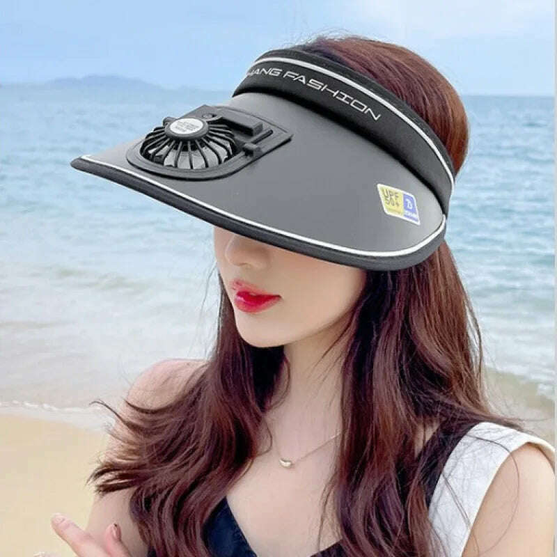 Sun Visor Women Hats with Fan-Three Temp Settings-Large Area Sun Protection Adjustable Elastic Buckle - KIMLUD