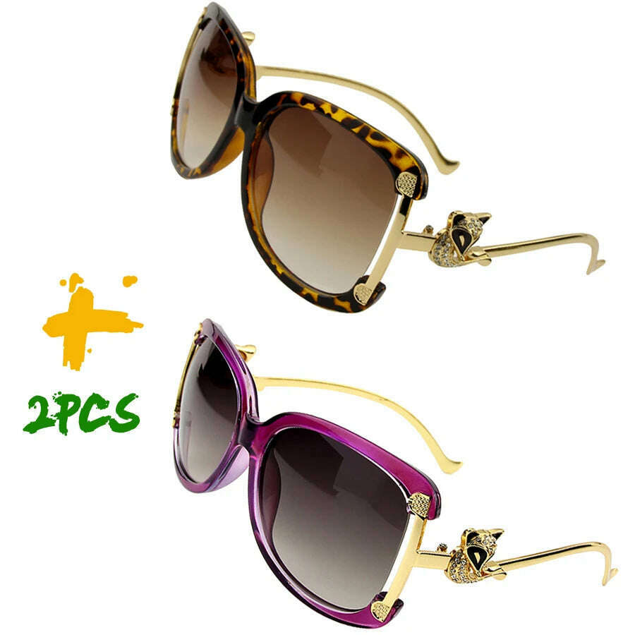 KIMLUD, Sunglasses Women Oval Retro Alloy Frame Gold Fox Design Vintage Luxury Brand Ladies Drive Travel Sun Glasses 4 Colors, 2PCS-1HAWKBR-1PURPLE, KIMLUD APPAREL - Womens Clothes