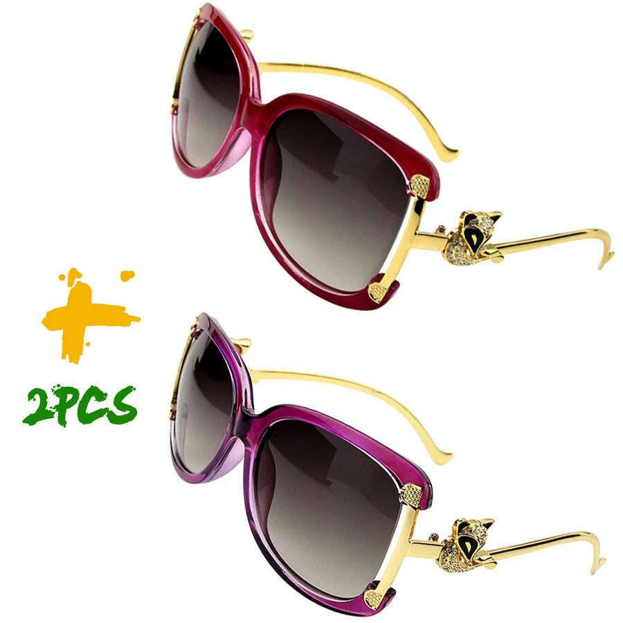 KIMLUD, Sunglasses Women Oval Retro Alloy Frame Gold Fox Design Vintage Luxury Brand Ladies Drive Travel Sun Glasses 4 Colors, 2PCS-1WINE-1PURPLE, KIMLUD APPAREL - Womens Clothes