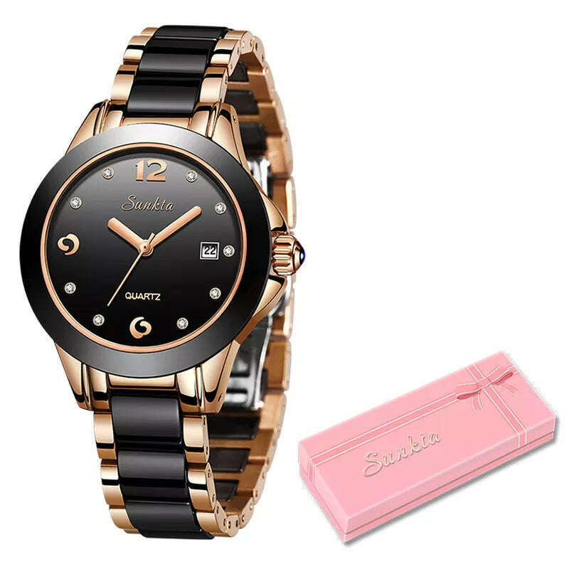 KIMLUD, SUNKTA Fashion Women Watches Rose Gold Ladies Bracelet Watches Reloj Mujer 2023 New Creative Waterproof Quartz Watches For Women, Rose Gold Black / China, KIMLUD APPAREL - Womens Clothes