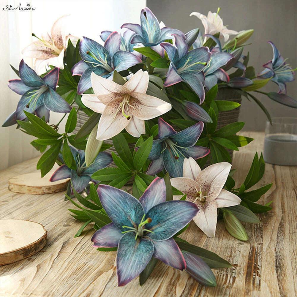 SunMade Retro Lily Branch Silk Artificial Flowers Home Decor Wedding dDecoration Flower Arrangement Accessaries Blue Flores Xmas - KIMLUD