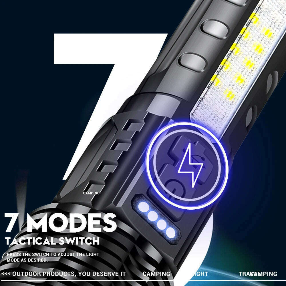 Super Bright P70/G50 Flashlight Powerful 8Modes Emergency Tactical Power Display Light 18650 Built-in Rechargeable T6+COB Torch - KIMLUD