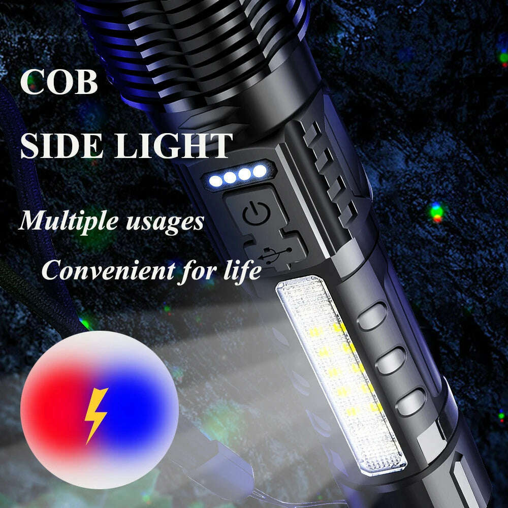 Super Bright P70/G50 Flashlight Powerful 8Modes Emergency Tactical Power Display Light 18650 Built-in Rechargeable T6+COB Torch - KIMLUD