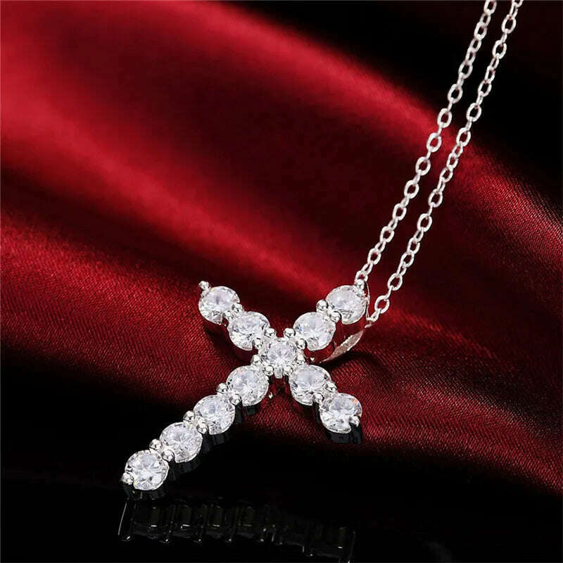 Super shiny AAA Zircon 925 Sterling Silver Cross Pendant Necklaces For Women Party Charm Wedding Fashion Jewelry Gifts - KIMLUD