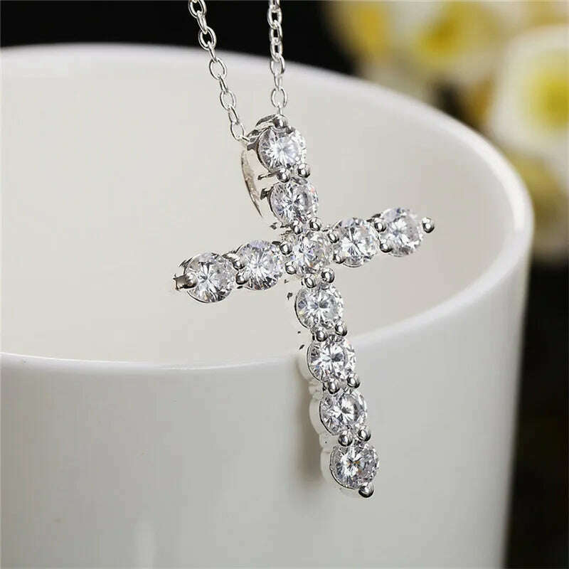 KIMLUD, Super shiny AAA Zircon 925 Sterling Silver Cross Pendant Necklaces For Women Party Charm Wedding Fashion Jewelry Gifts, KIMLUD Womens Clothes