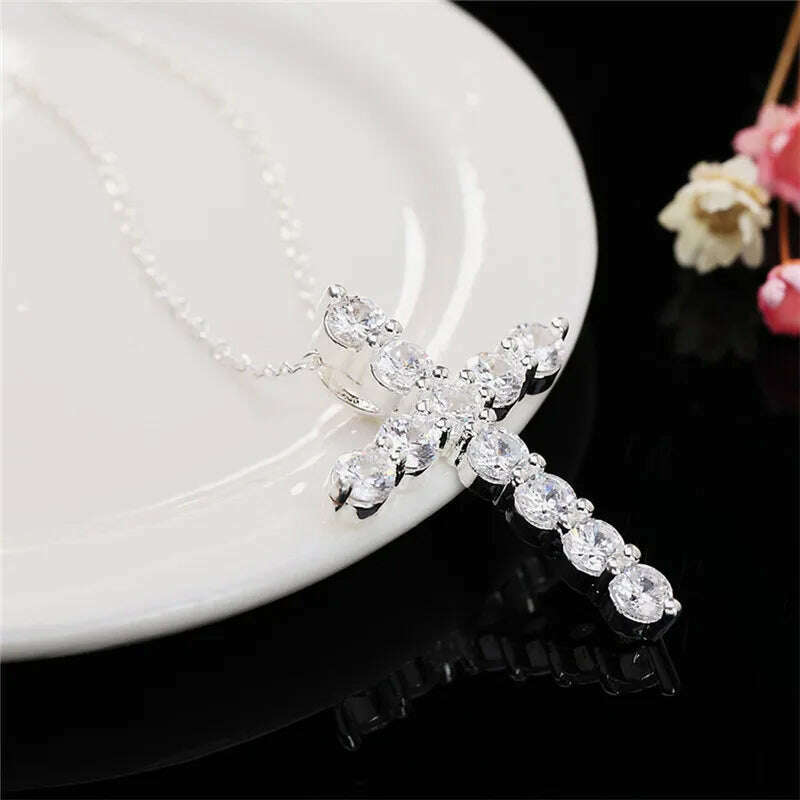 Super shiny AAA Zircon 925 Sterling Silver Cross Pendant Necklaces For Women Party Charm Wedding Fashion Jewelry Gifts - KIMLUD