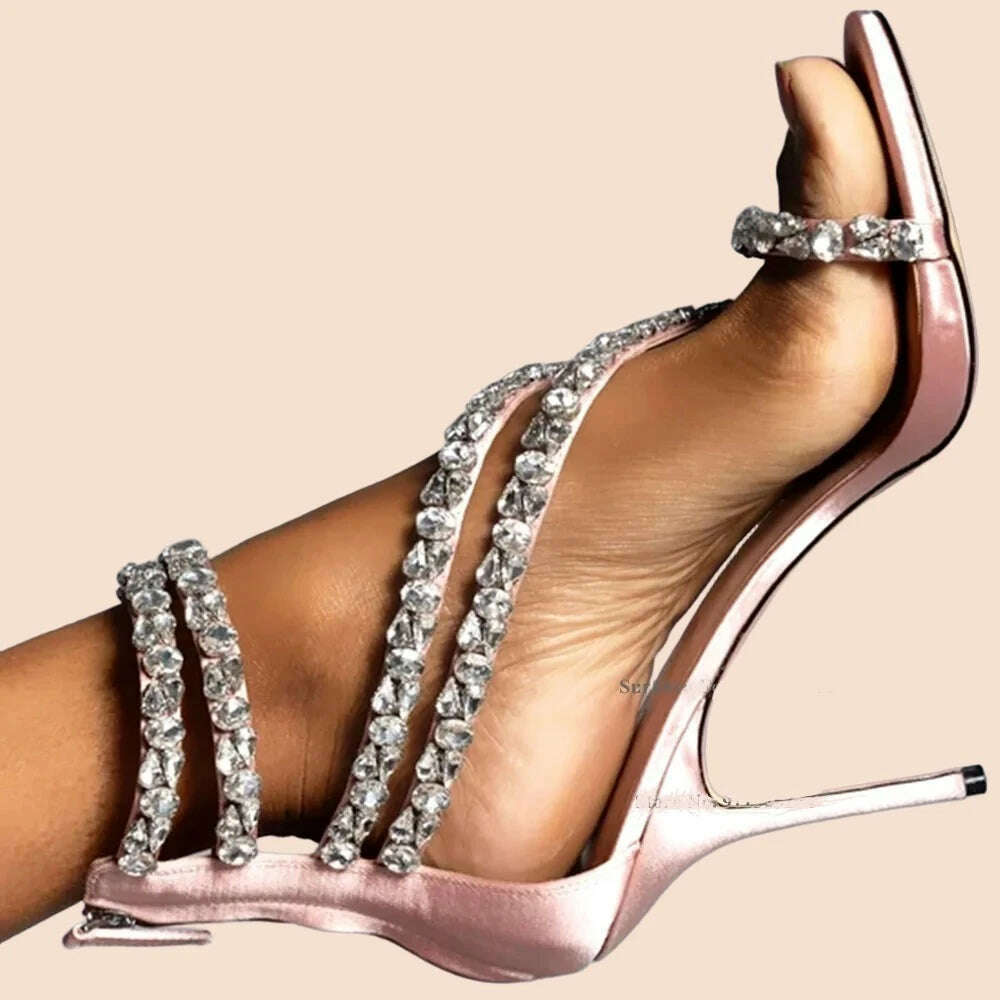 KIMLUD, Surkova Crystal Strap High Heel Sandals Bling Bling String Beaded 5 Straps Wedding Shoes Big Rhinestone Sewed Stiletto Pumps, pink 10cm / 34, KIMLUD APPAREL - Womens Clothes