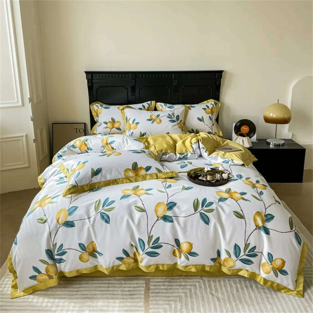 Svetanya Yellow Lemon Fruit Fresh Bedding Set Satin Egyptian Cotton Duvet Cover Set Queen King Size Linens Pillowcases - KIMLUD