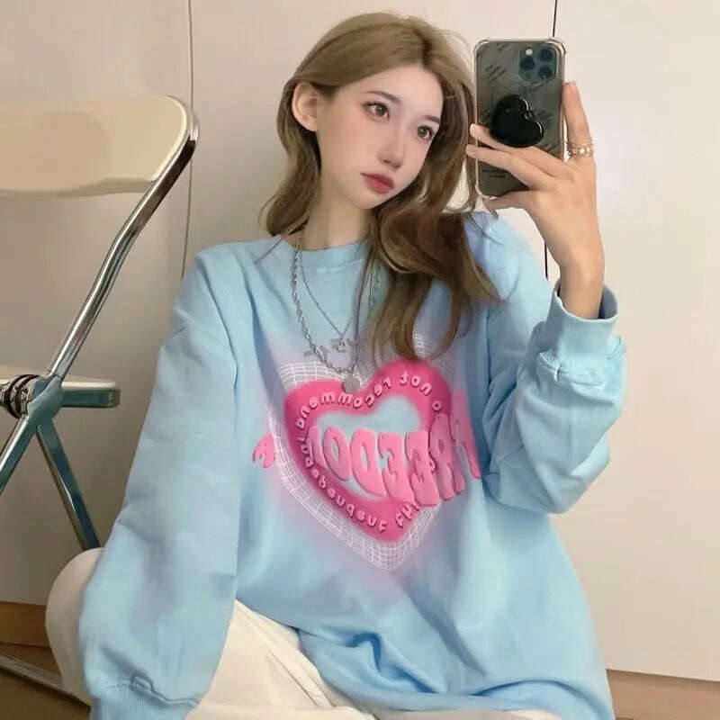 KIMLUD, Sweatshirts Women Autumn Sweet Tender Printing Loose Ulzzang All-match Design Leisure Fit Chic O-neck Vintage Simple Teenagers, blue / XL, KIMLUD APPAREL - Womens Clothes