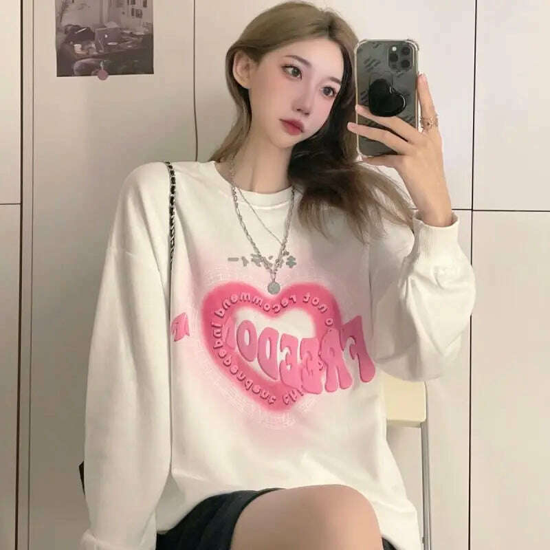 KIMLUD, Sweatshirts Women Autumn Sweet Tender Printing Loose Ulzzang All-match Design Leisure Fit Chic O-neck Vintage Simple Teenagers, white / S, KIMLUD APPAREL - Womens Clothes