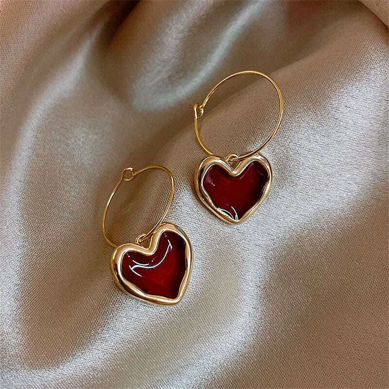 KIMLUD, Sweet Burgundy Enamel Heart Earrings for Women Girl Gold Color Metal Love Heart Hanging Dangle Earrings Vintage Jewelry, KIMLUD Womens Clothes