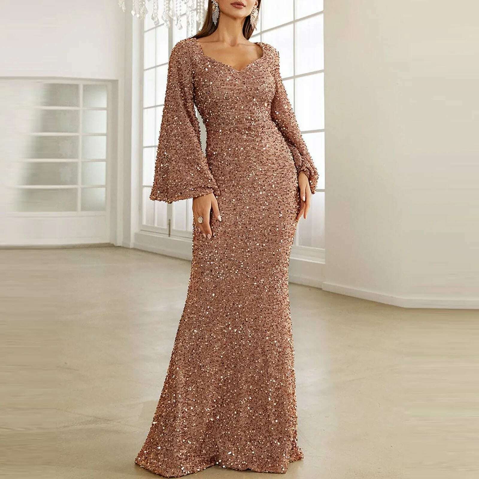 KIMLUD, Sweetheart Neck Trumpet Sleeve Floor Length Sequins Prom Dress Women Elegant Wedding Party Long Maxi Fashion Evening Dresses, Gold / M / CN, KIMLUD APPAREL - Womens Clothes