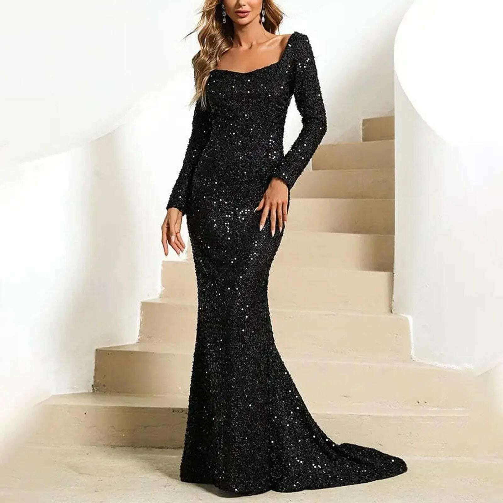 KIMLUD, Sweetheart Neck Trumpet Sleeve Floor Length Sequins Prom Dress Women Elegant Wedding Party Long Maxi Fashion Evening Dresses, Black / XL / CN, KIMLUD APPAREL - Womens Clothes