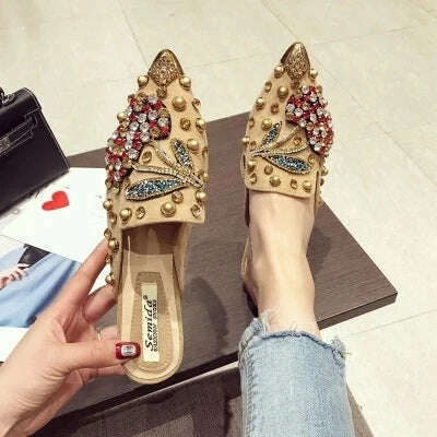 KIMLUD, SWYIVY Woman Flats Loafers Shoes Rhinestone Crystal Loafers Ladies Casual Shoes For Women Pointed-Toe Flats Spring and Autumn, khaki chrry slipper / 35, KIMLUD APPAREL - Womens Clothes