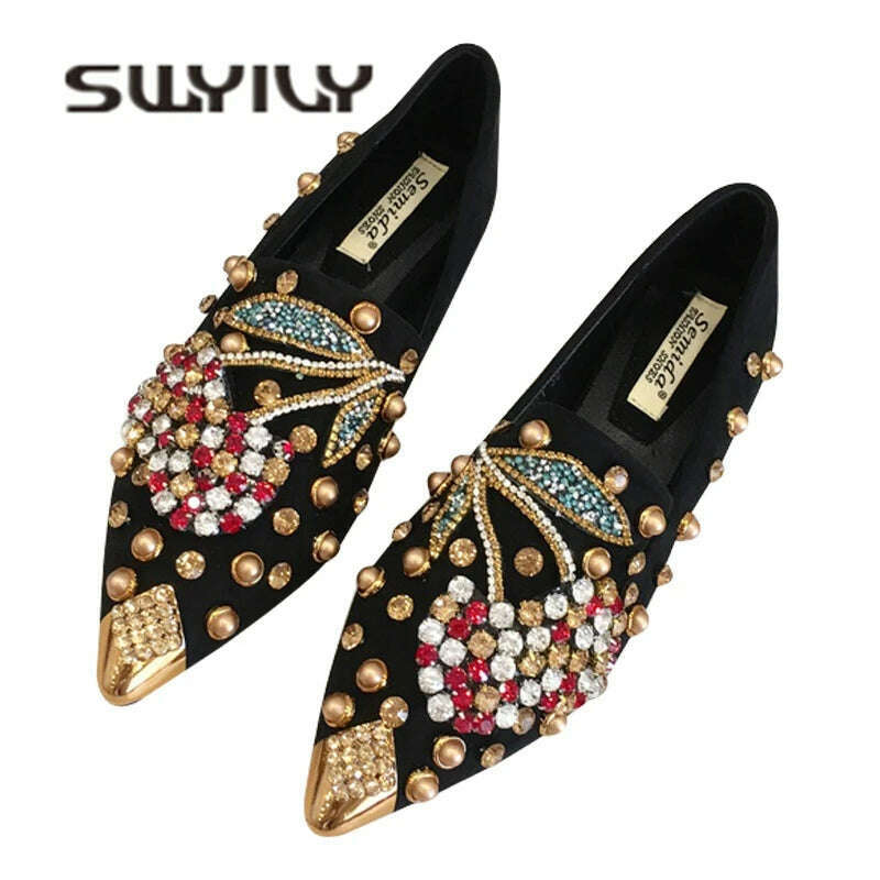 KIMLUD, SWYIVY Woman Flats Loafers Shoes Rhinestone Crystal Loafers Ladies Casual Shoes For Women Pointed-Toe Flats Spring and Autumn, KIMLUD Womens Clothes