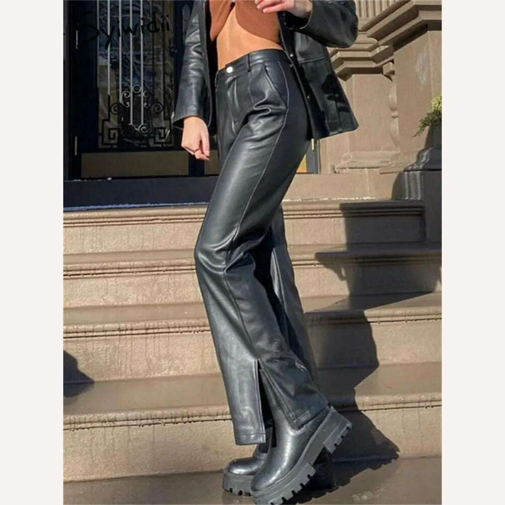 KIMLUD, Syiwidii Leather Flare Pants Women Fall Winter 2022 High Waisted Vintage Streetwear Black Brown Wide Leg Pants Fashion Trousers, KIMLUD Womens Clothes