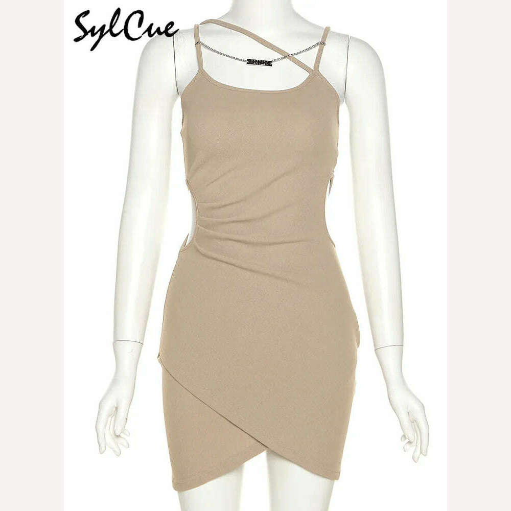 Sylcue 2023 Summer Party Formal Solid Color Knitted Elastic Cool Simple Supple Tight Sexy Hot Women's Hollow Suspender Dress - KIMLUD