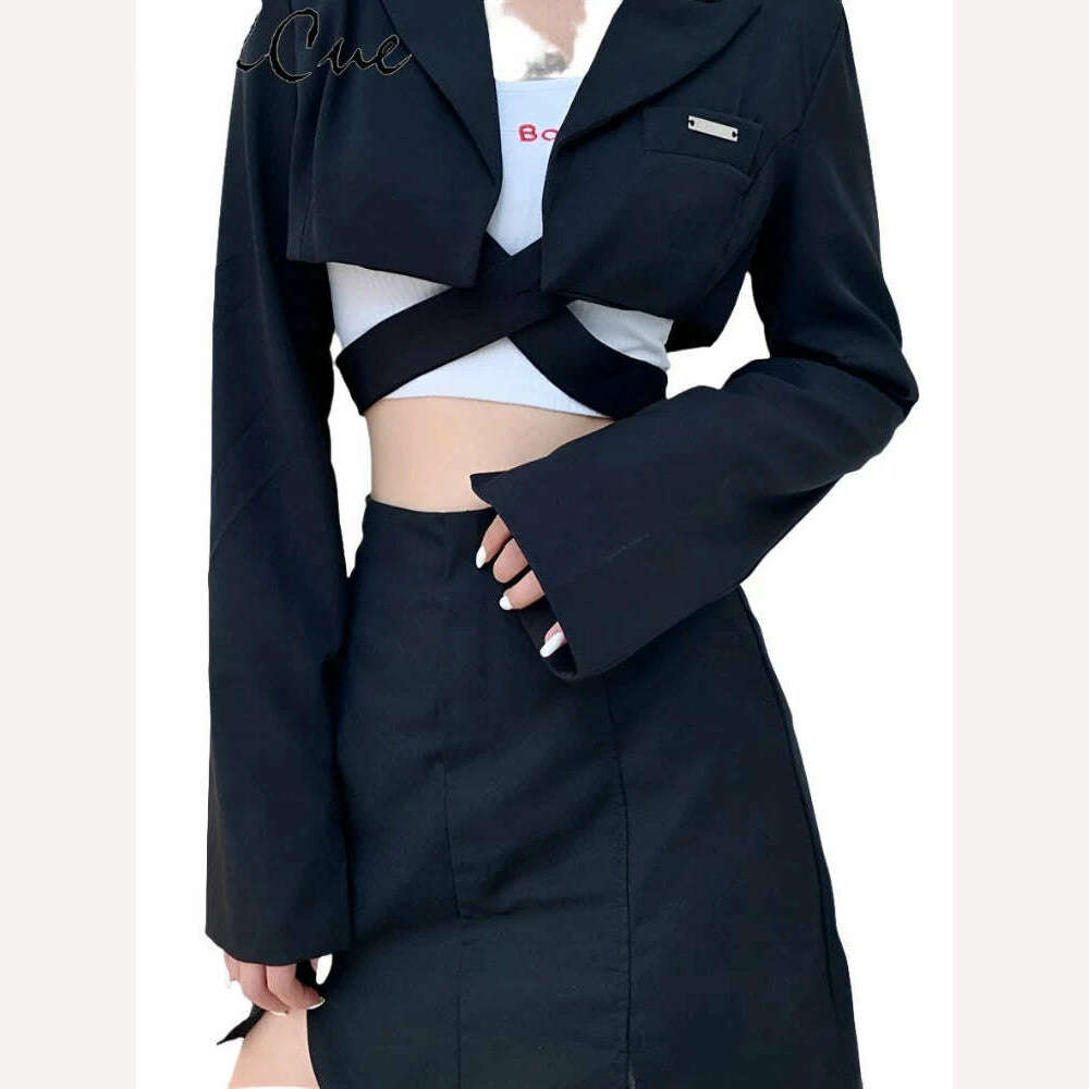 Sylcue Hong Kong Flavor Cool Girl Dark High Waist Cross Tie Long Sleeve Suit Women All-Match Fashion Silm Short Jacket - KIMLUD