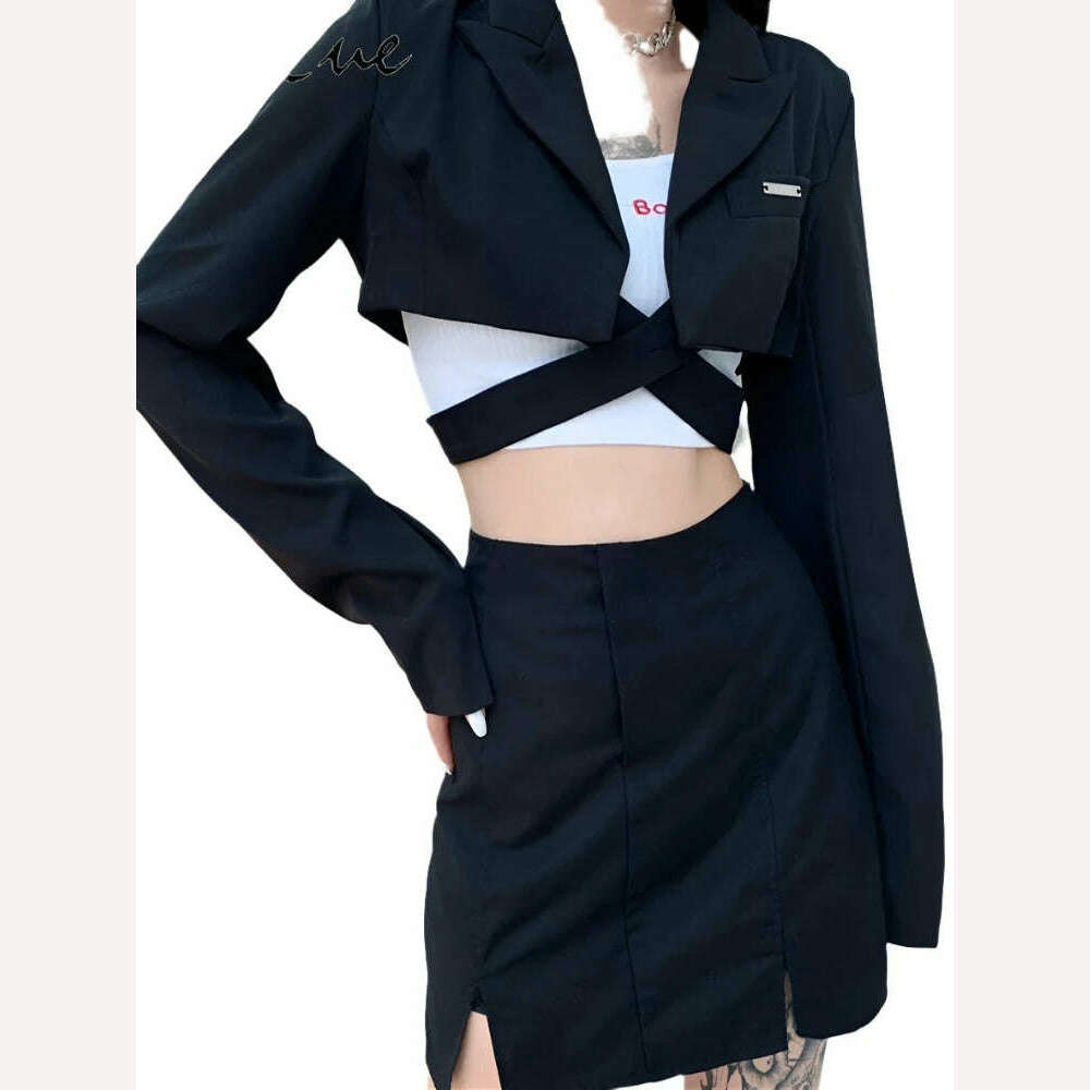 Sylcue Hong Kong Flavor Cool Girl Dark High Waist Cross Tie Long Sleeve Suit Women All-Match Fashion Silm Short Jacket - KIMLUD