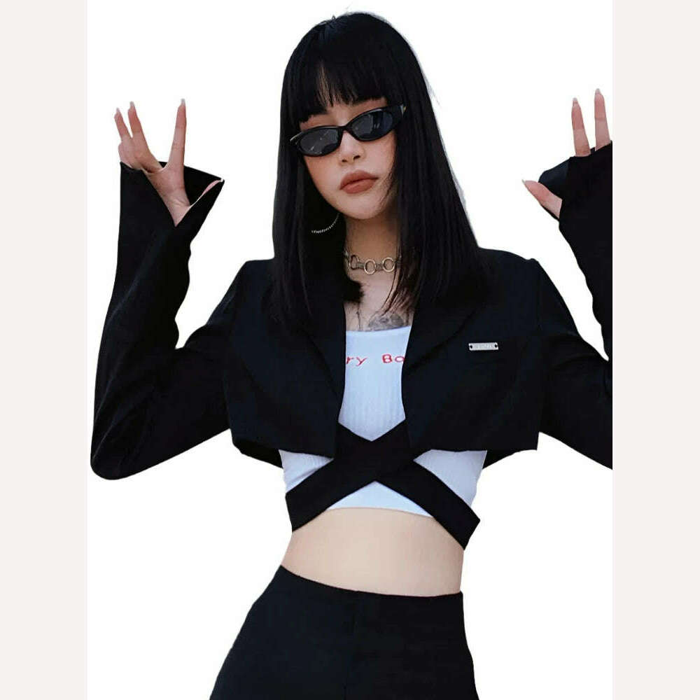 Sylcue Hong Kong Flavor Cool Girl Dark High Waist Cross Tie Long Sleeve Suit Women All-Match Fashion Silm Short Jacket - KIMLUD