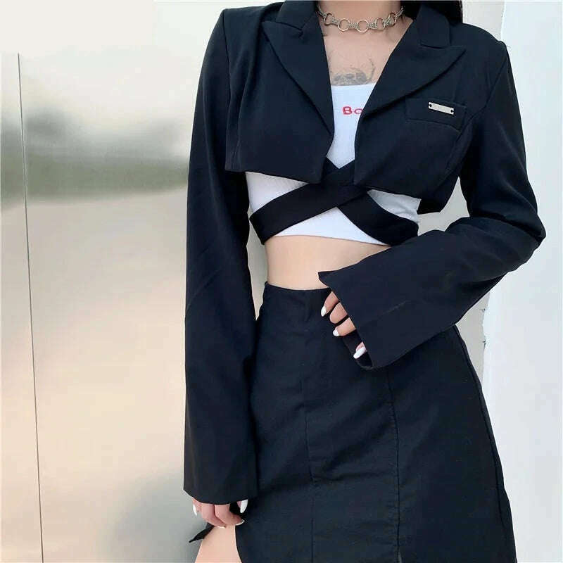 Sylcue Hong Kong Flavor Cool Girl Dark High Waist Cross Tie Long Sleeve Suit Women All-Match Fashion Silm Short Jacket - KIMLUD