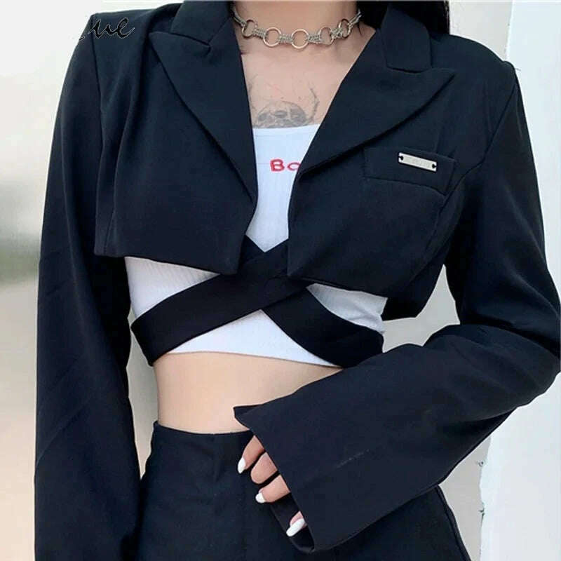 KIMLUD, Sylcue Hong Kong Flavor Cool Girl Dark High Waist Cross Tie Long Sleeve Suit Women All-Match Fashion Silm Short Jacket, KIMLUD Womens Clothes