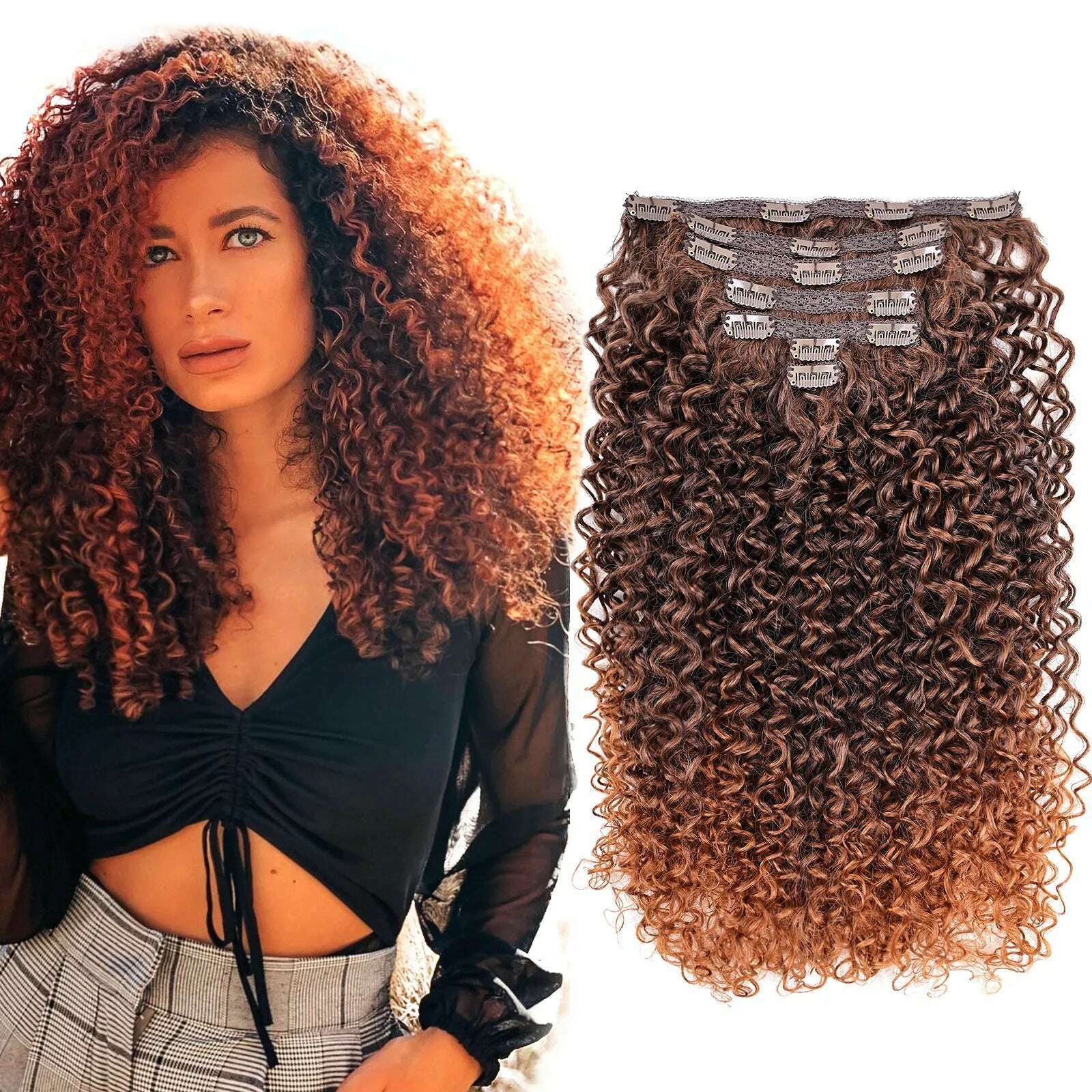 Synthetic Clip In Hair Extension Full Head Long 26”140g Afro Kinky Curly Fake Hair Pieces Clip-on Blacke Brown hairpin For Women - KIMLUD