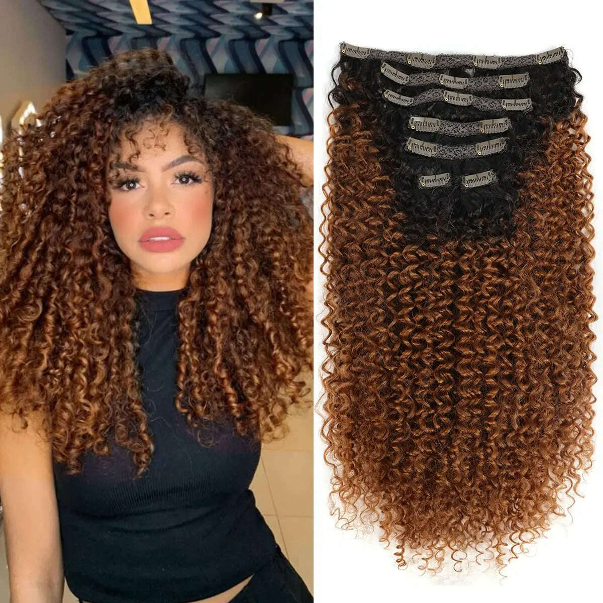 Synthetic Clip In Hair Extension Full Head Long 26”140g Afro Kinky Curly Fake Hair Pieces Clip-on Blacke Brown hairpin For Women - KIMLUD