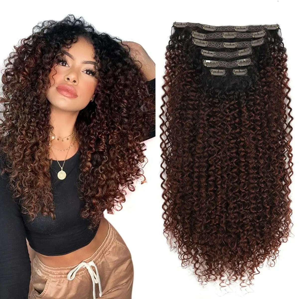 Synthetic Clip In Hair Extension Full Head Long 26”140g Afro Kinky Curly Fake Hair Pieces Clip-on Blacke Brown hairpin For Women - KIMLUD