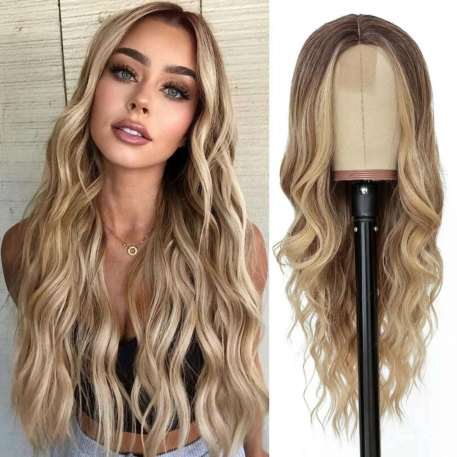 KIMLUD, Synthetic Long Lace Ombre Blonde Wavy Wig for Women 26 Inch Middle Part Curly Natural Looking Heat Resistant Fiber for Daily, KIMLUD Womens Clothes