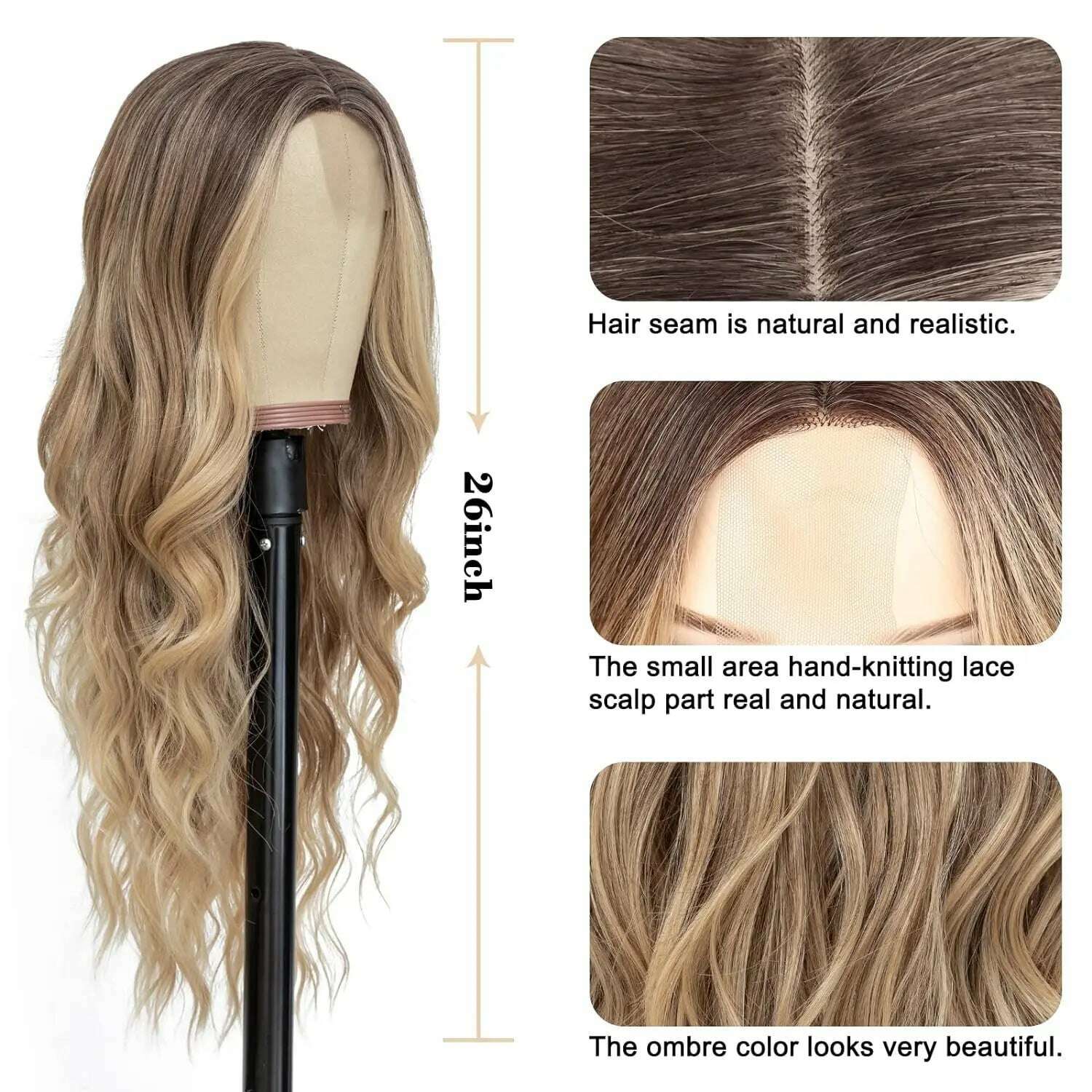 Synthetic Long Lace Ombre Blonde Wavy Wig for Women 26 Inch Middle Part Curly Natural Looking Heat Resistant Fiber for Daily - KIMLUD