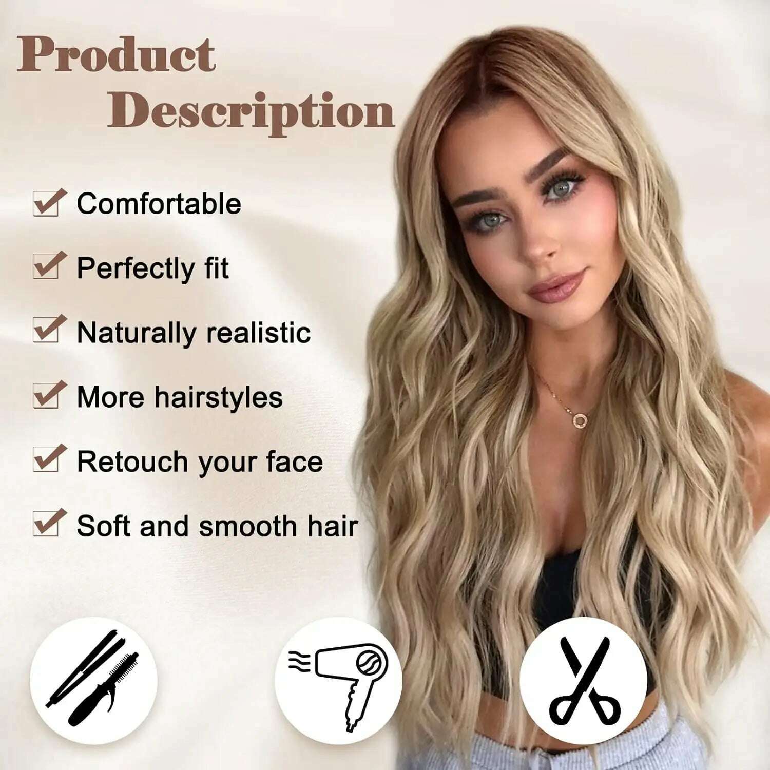 KIMLUD, Synthetic Long Lace Ombre Blonde Wavy Wig for Women 26 Inch Middle Part Curly Natural Looking Heat Resistant Fiber for Daily, KIMLUD Womens Clothes