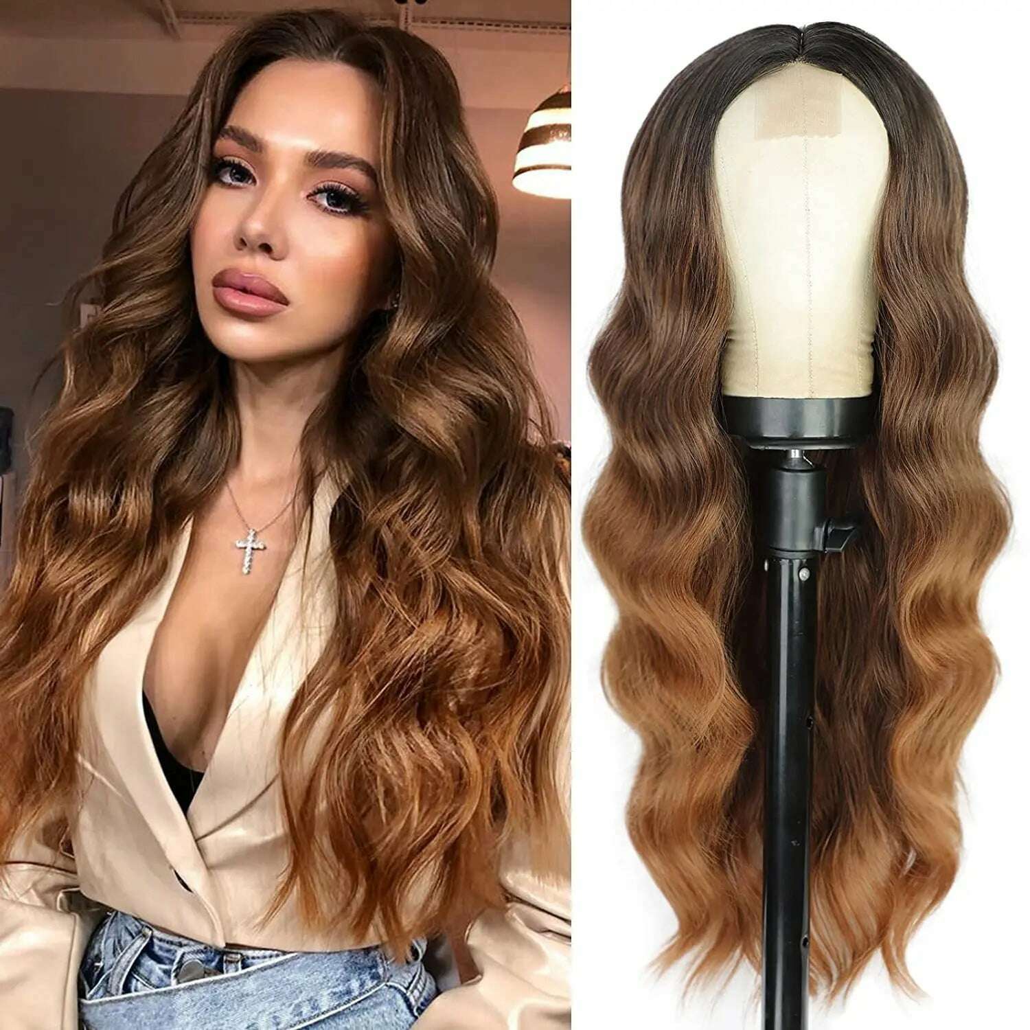 Synthetic Long Lace Ombre Blonde Wavy Wig for Women 26 Inch Middle Part Curly Natural Looking Heat Resistant Fiber for Daily - KIMLUD