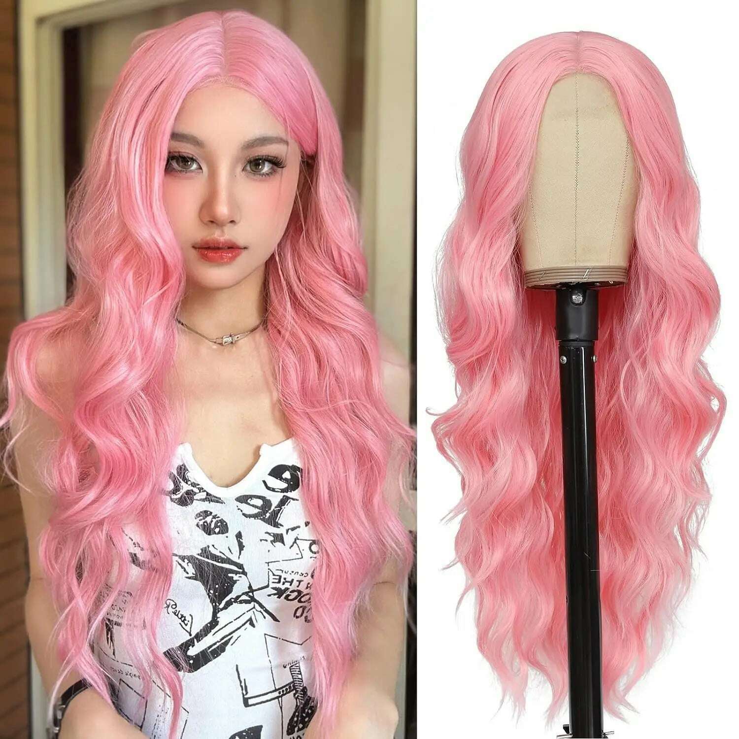 Synthetic Long Lace Ombre Blonde Wavy Wig for Women 26 Inch Middle Part Curly Natural Looking Heat Resistant Fiber for Daily - KIMLUD