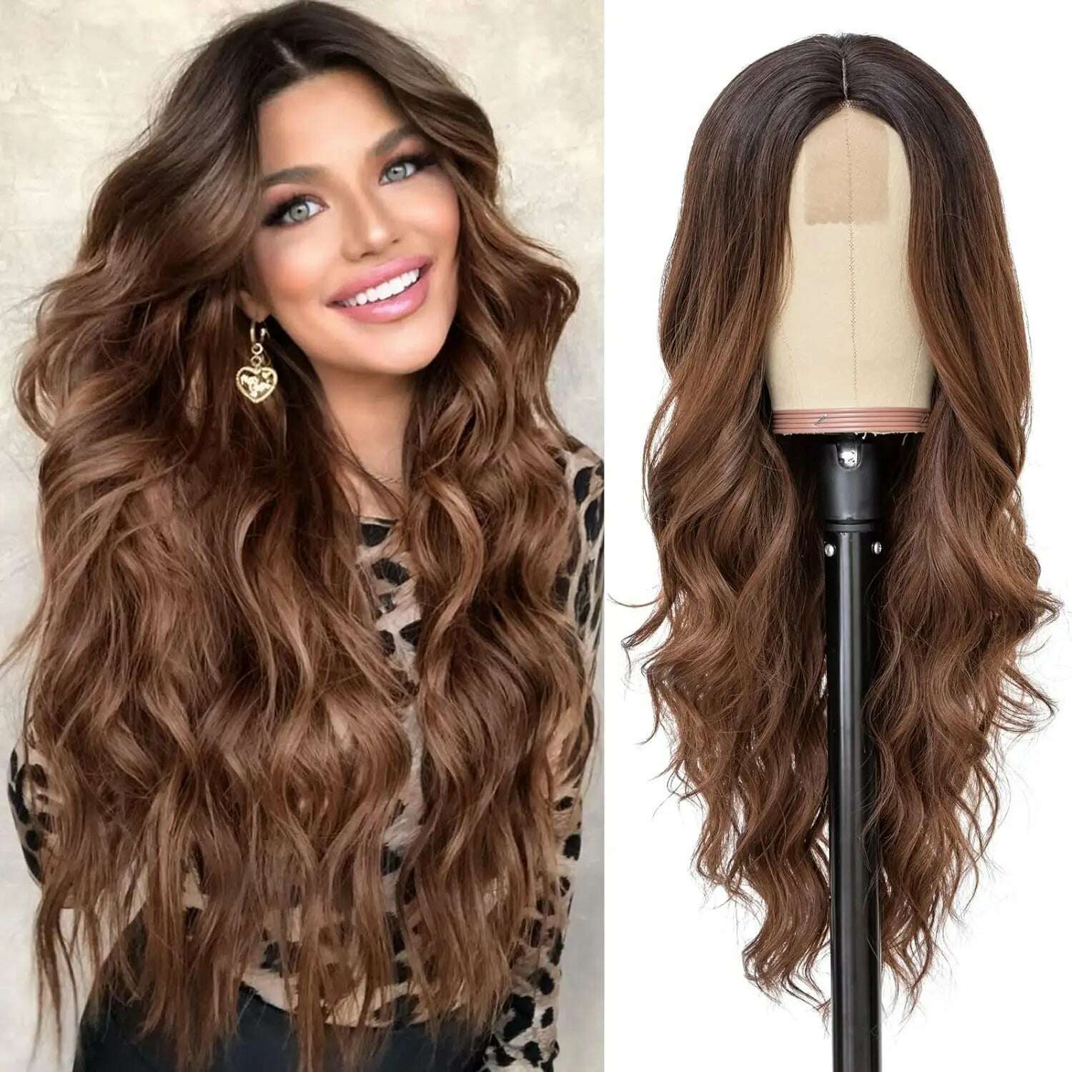 KIMLUD, Synthetic Long Lace Ombre Blonde Wavy Wig for Women 26 Inch Middle Part Curly Natural Looking Heat Resistant Fiber for Daily, YXW-Ombre-Brown / 26inches / 1pc, KIMLUD APPAREL - Womens Clothes