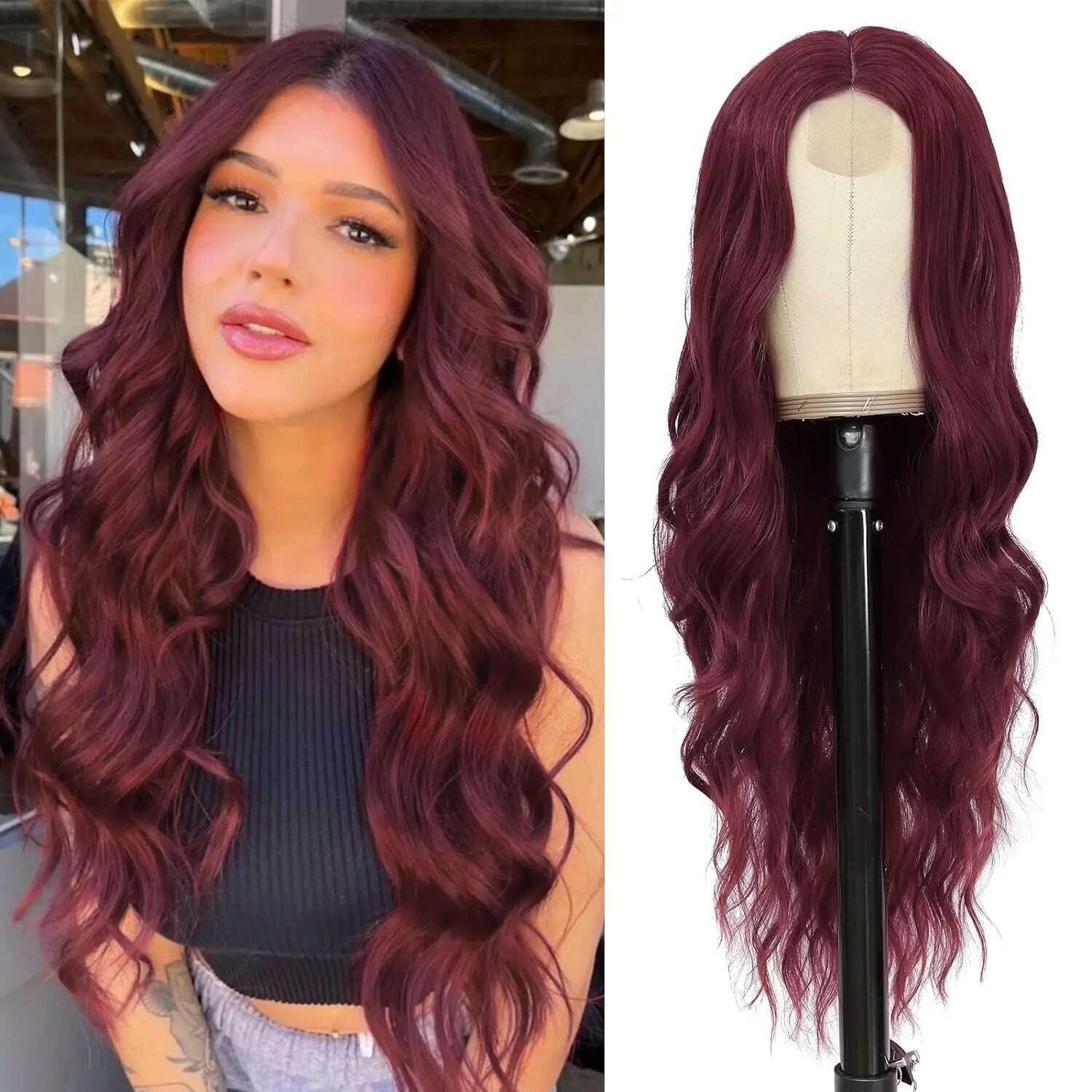 KIMLUD, Synthetic Long Lace Ombre Blonde Wavy Wig for Women 26 Inch Middle Part Curly Natural Looking Heat Resistant Fiber for Daily, YXW-Wine-Red / 26inches / 1pc, KIMLUD APPAREL - Womens Clothes