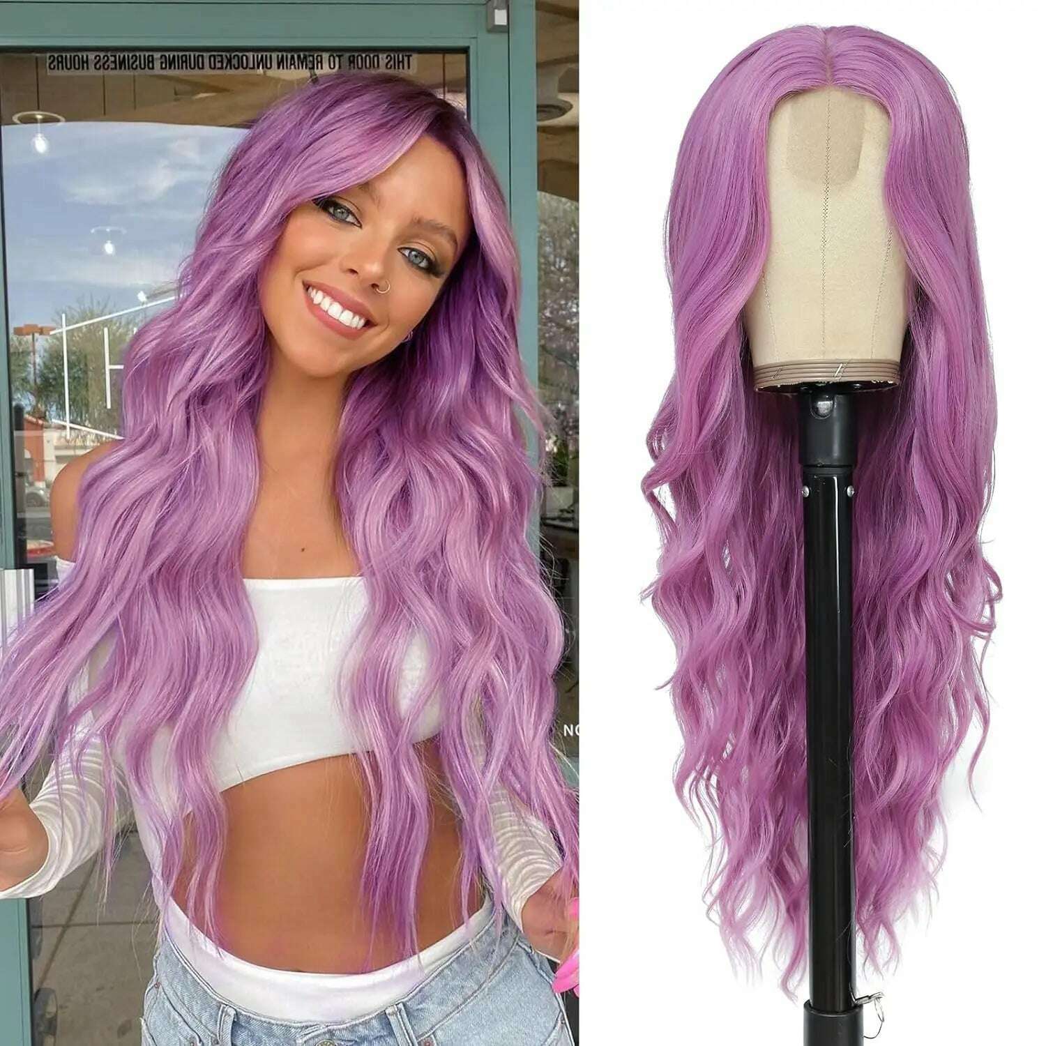 KIMLUD, Synthetic Long Lace Ombre Blonde Wavy Wig for Women 26 Inch Middle Part Curly Natural Looking Heat Resistant Fiber for Daily, YXW-Purple / 26inches / 1pc, KIMLUD APPAREL - Womens Clothes