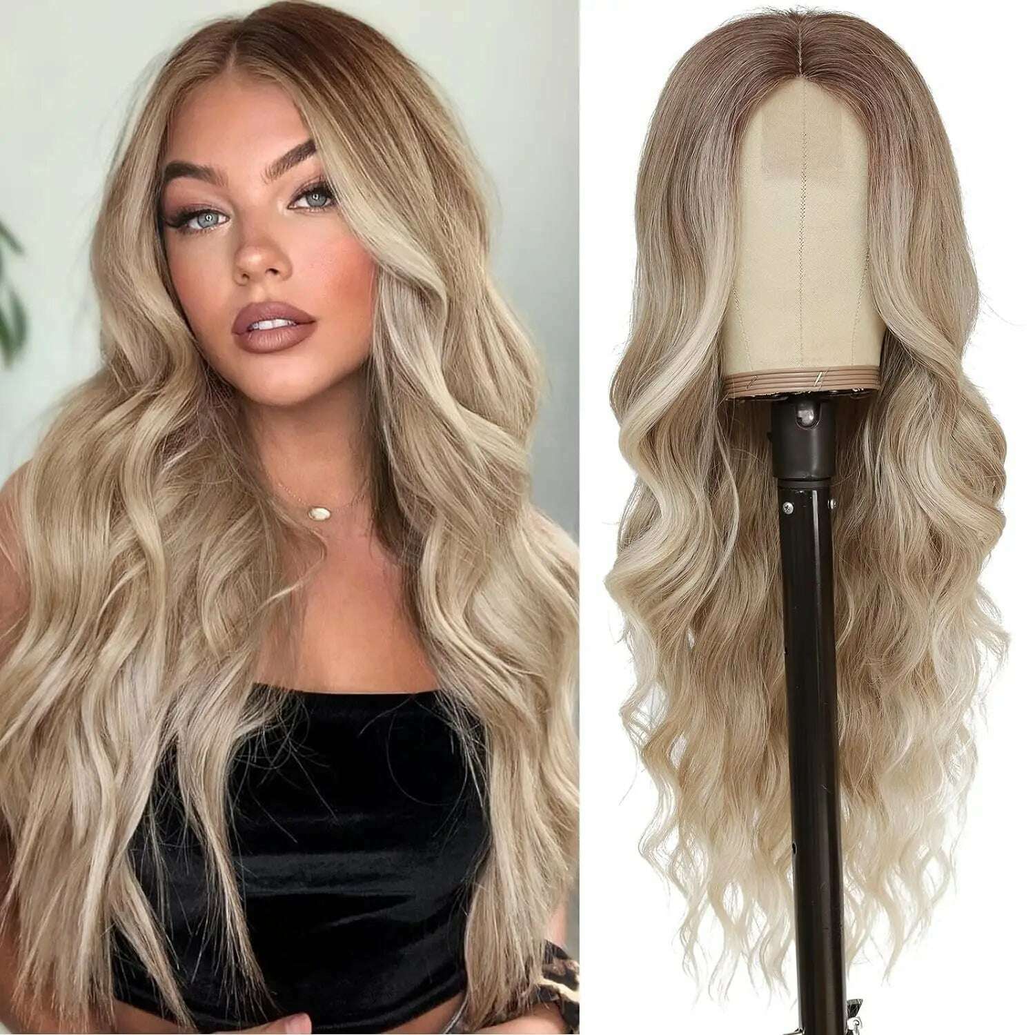 KIMLUD, Synthetic Long Lace Ombre Blonde Wavy Wig for Women 26 Inch Middle Part Curly Natural Looking Heat Resistant Fiber for Daily, YXW-6-8-60 / 26inches / 1pc, KIMLUD APPAREL - Womens Clothes