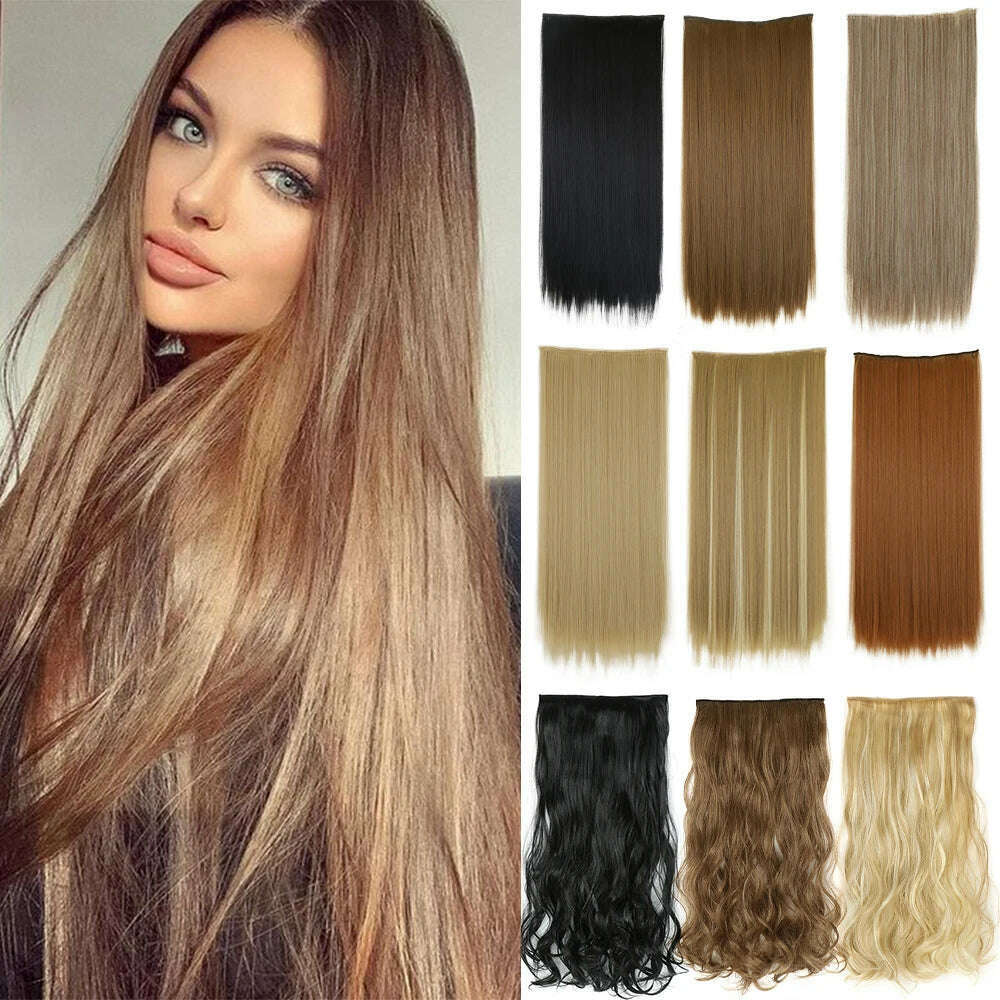 Synthetic Long Straight Clip In One Piece Hair Extension 5 Clips False Blonde Hair Brown Black Heat Resistant Fake Hair - KIMLUD