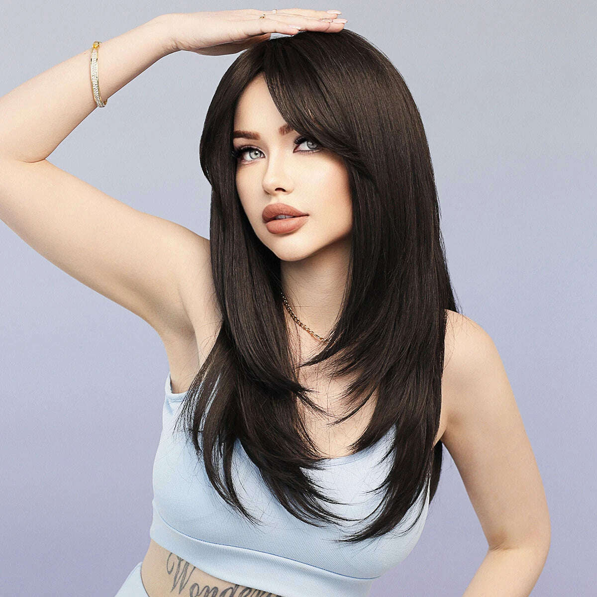 Synthetic Loose Straight Wig for Women Daily Party High Density Natural Middle Part Layered Black Hair Wigs with Curtain Bangs - KIMLUD