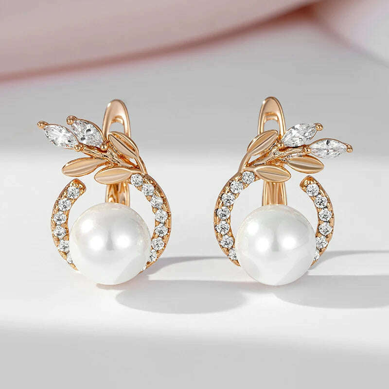 KIMLUD, SYOUJYO 585 Rose Gold Color Pearl Earrings For Women Natural Zircon Luxury Fine Daily Jewelry Gift, KIMLUD Womens Clothes