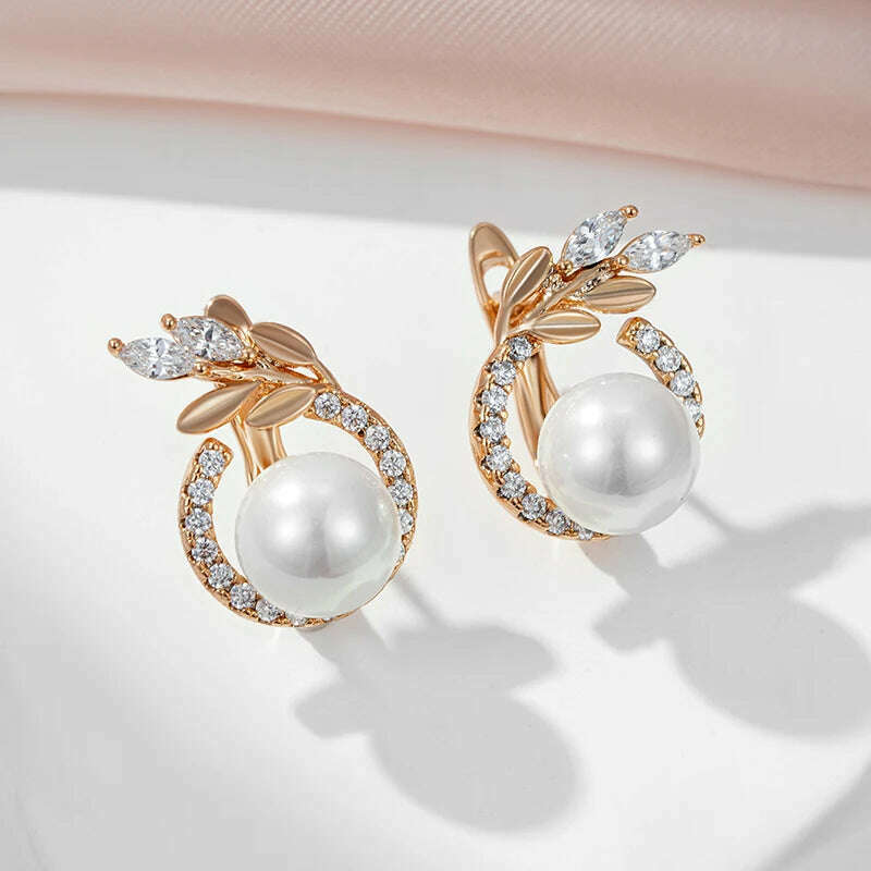 KIMLUD, SYOUJYO 585 Rose Gold Color Pearl Earrings For Women Natural Zircon Luxury Fine Daily Jewelry Gift, KIMLUD Womens Clothes