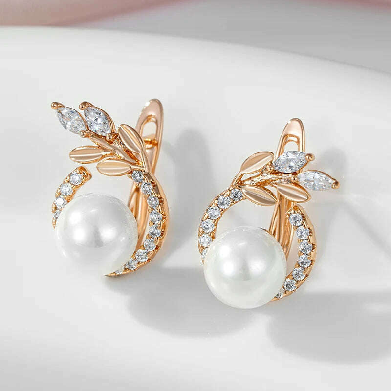 KIMLUD, SYOUJYO 585 Rose Gold Color Pearl Earrings For Women Natural Zircon Luxury Fine Daily Jewelry Gift, KIMLUD Womens Clothes