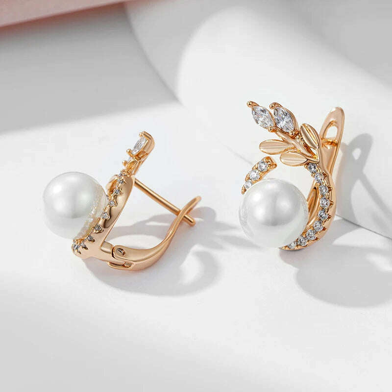 KIMLUD, SYOUJYO 585 Rose Gold Color Pearl Earrings For Women Natural Zircon Luxury Fine Daily Jewelry Gift, KIMLUD Womens Clothes