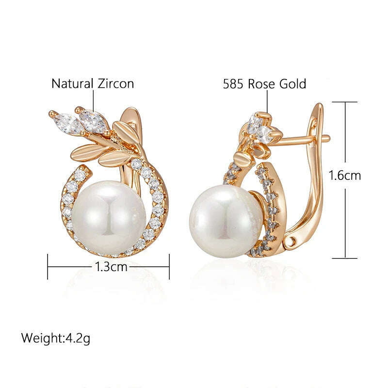 KIMLUD, SYOUJYO 585 Rose Gold Color Pearl Earrings For Women Natural Zircon Luxury Fine Daily Jewelry Gift, KIMLUD Womens Clothes